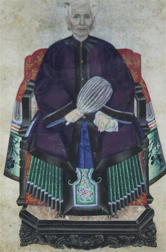 Five Chinese ancestor portraits, late Qing dynasty, largest 106 x 57.5cm including borders